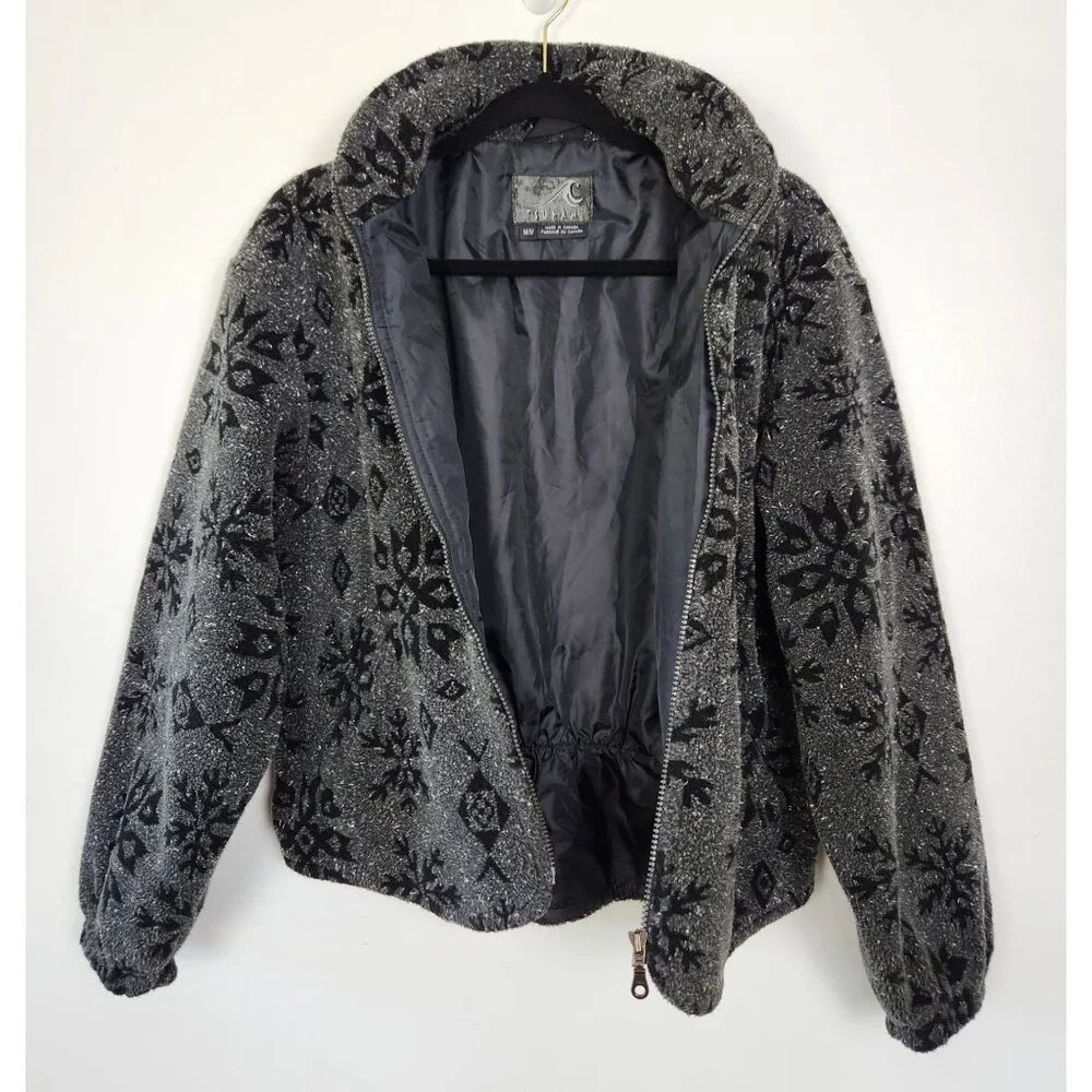 Vintage Tsunami Black Gray Snowflake And Aztec Motif Full Zip Fleece Jacket, Med